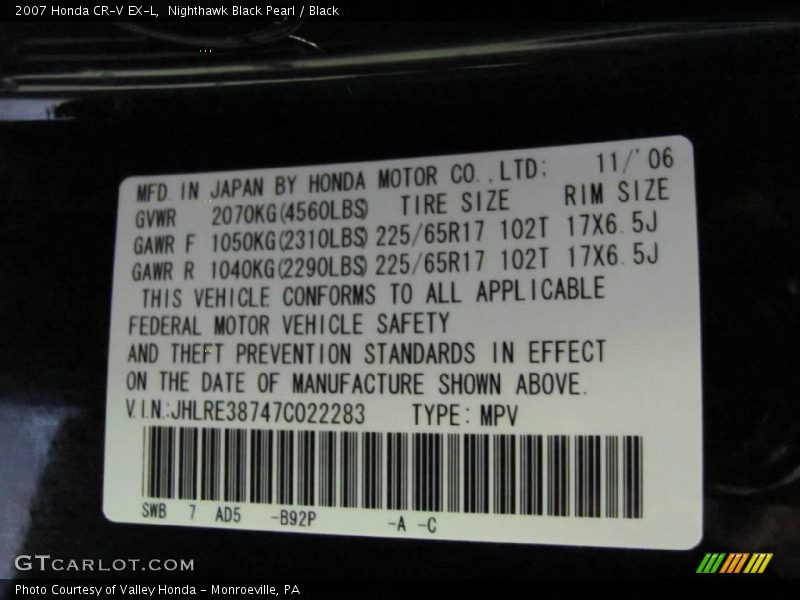 Nighthawk Black Pearl / Black 2007 Honda CR-V EX-L