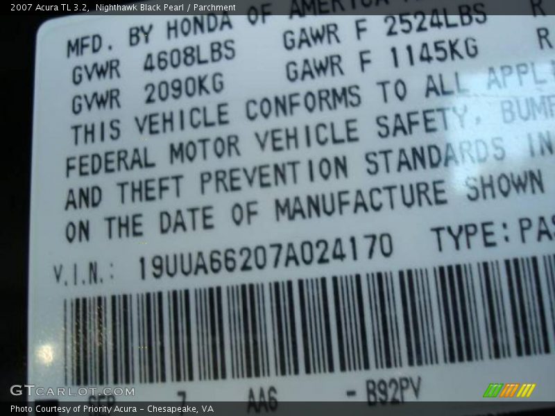 Nighthawk Black Pearl / Parchment 2007 Acura TL 3.2