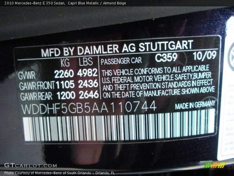 Capri Blue Metallic / Almond Beige 2010 Mercedes-Benz E 350 Sedan