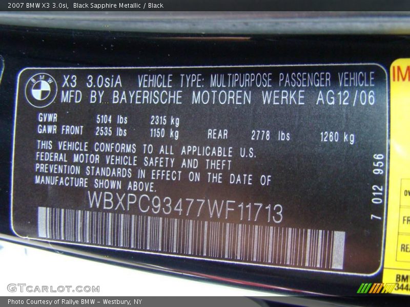 Black Sapphire Metallic / Black 2007 BMW X3 3.0si