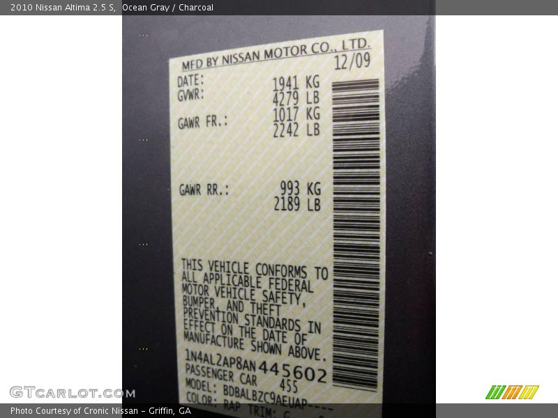 Ocean Gray / Charcoal 2010 Nissan Altima 2.5 S