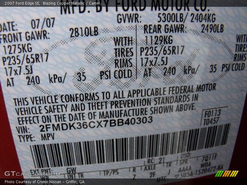 Blazing Copper Metallic / Camel 2007 Ford Edge SE