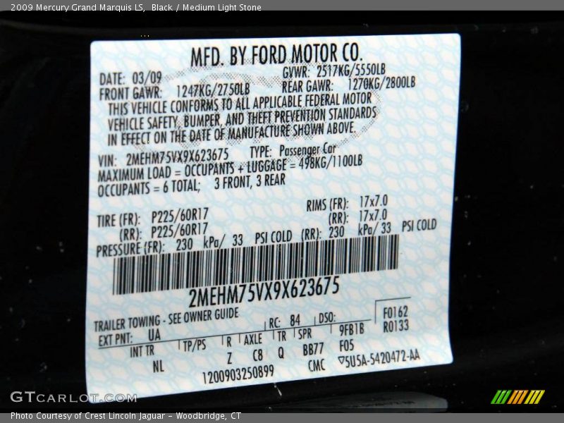 Black / Medium Light Stone 2009 Mercury Grand Marquis LS