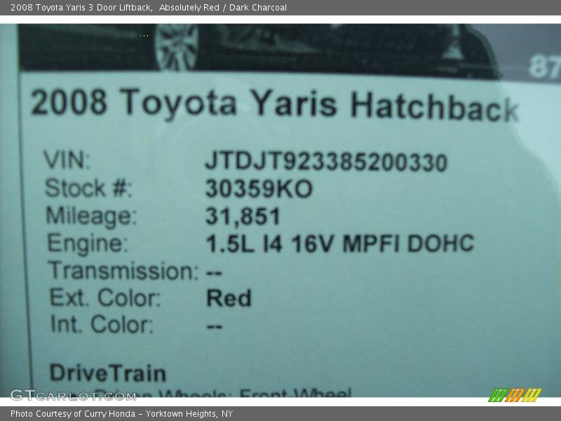 Absolutely Red / Dark Charcoal 2008 Toyota Yaris 3 Door Liftback