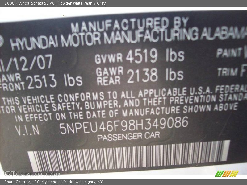 Powder White Pearl / Gray 2008 Hyundai Sonata SE V6
