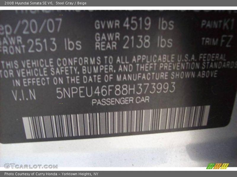 Steel Gray / Beige 2008 Hyundai Sonata SE V6