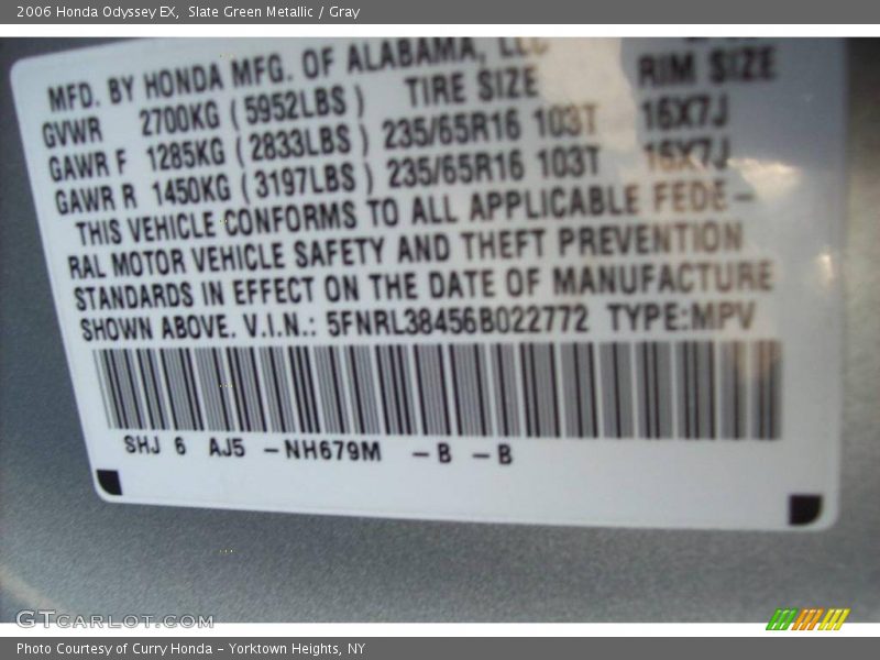 Slate Green Metallic / Gray 2006 Honda Odyssey EX