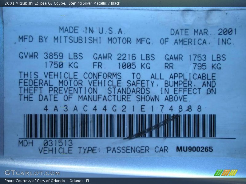 Sterling Silver Metallic / Black 2001 Mitsubishi Eclipse GS Coupe