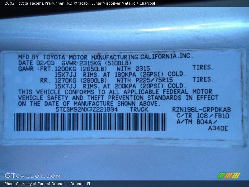 Lunar Mist Silver Metallic / Charcoal 2003 Toyota Tacoma PreRunner TRD Xtracab