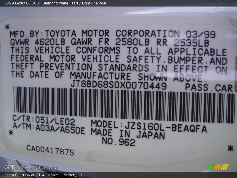 Diamond White Pearl / Light Charcoal 1999 Lexus GS 300