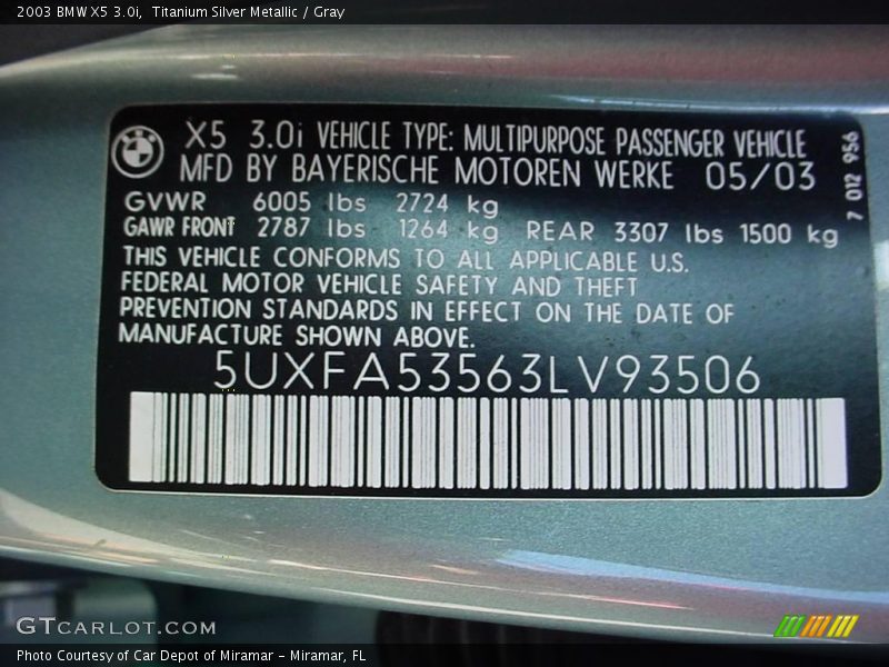 Titanium Silver Metallic / Gray 2003 BMW X5 3.0i