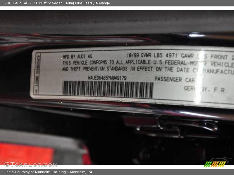 Ming Blue Pearl / Melange 2000 Audi A6 2.7T quattro Sedan