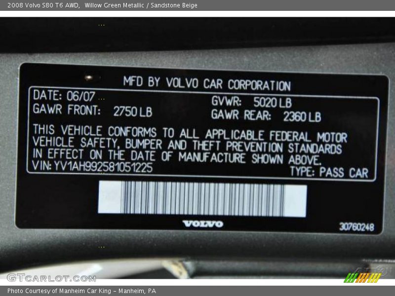 Willow Green Metallic / Sandstone Beige 2008 Volvo S80 T6 AWD