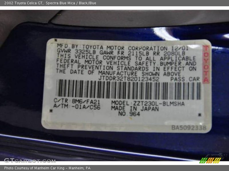 Spectra Blue Mica / Black/Blue 2002 Toyota Celica GT