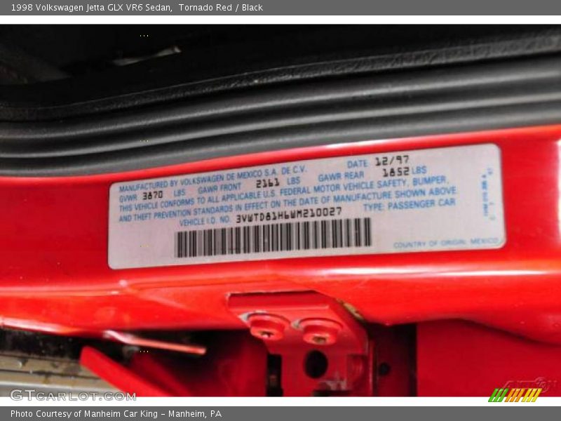 Tornado Red / Black 1998 Volkswagen Jetta GLX VR6 Sedan