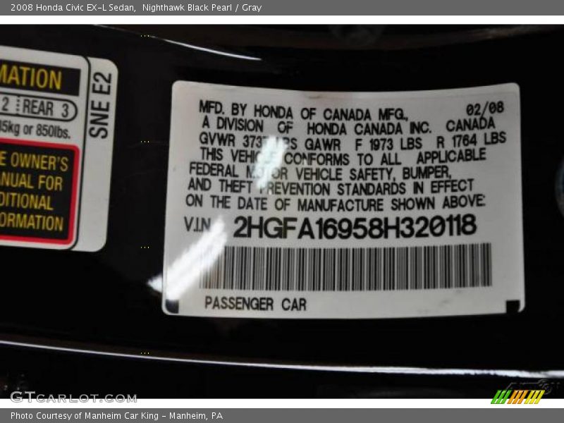 Nighthawk Black Pearl / Gray 2008 Honda Civic EX-L Sedan