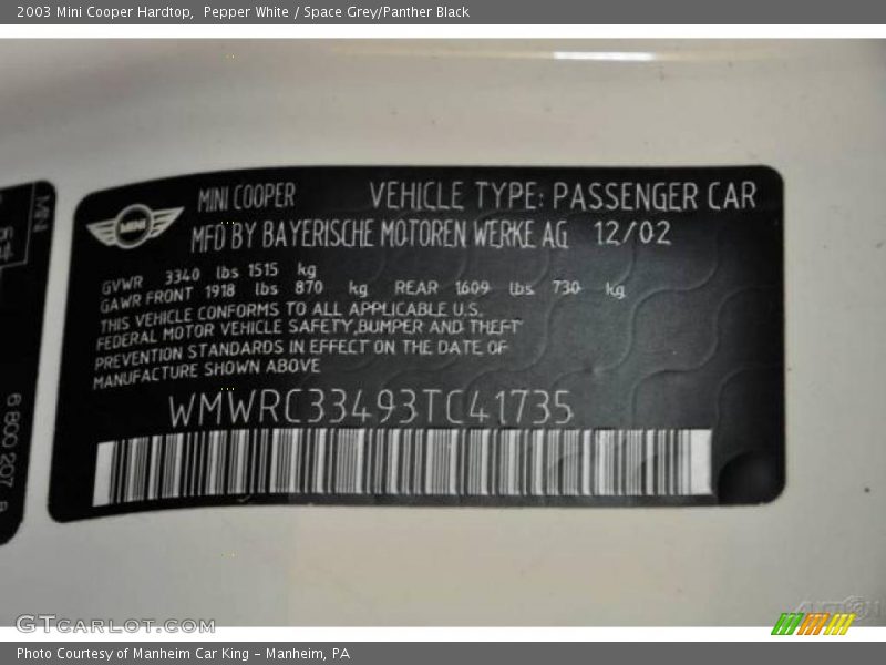 Pepper White / Space Grey/Panther Black 2003 Mini Cooper Hardtop