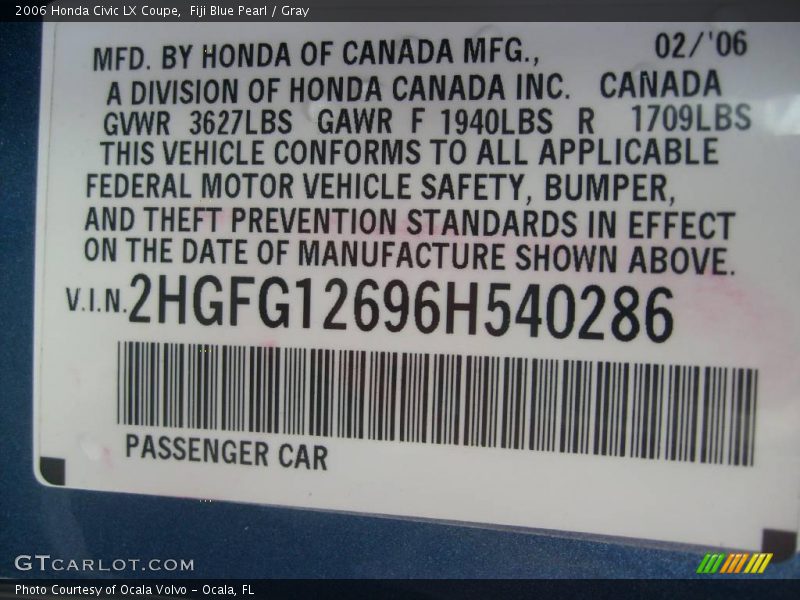 Fiji Blue Pearl / Gray 2006 Honda Civic LX Coupe