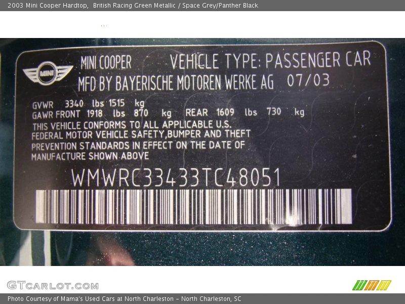 British Racing Green Metallic / Space Grey/Panther Black 2003 Mini Cooper Hardtop