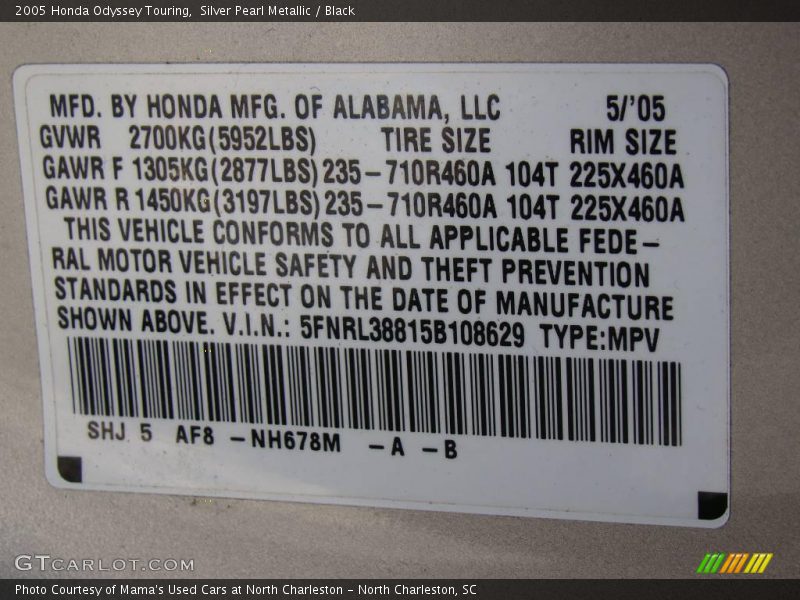 Silver Pearl Metallic / Black 2005 Honda Odyssey Touring