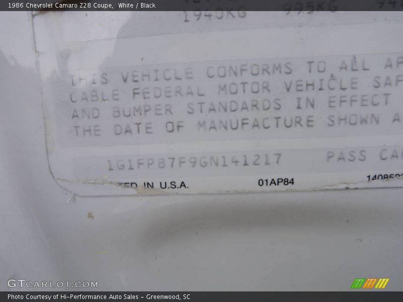 White / Black 1986 Chevrolet Camaro Z28 Coupe