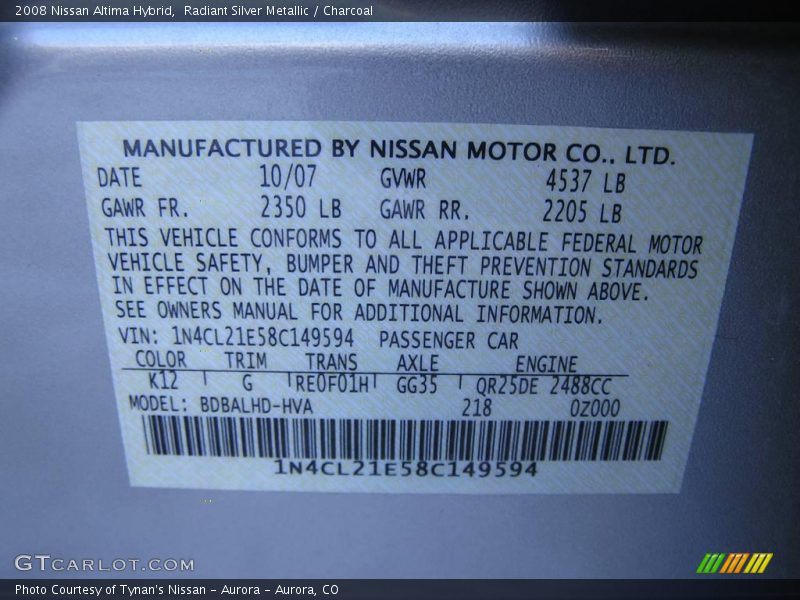 Radiant Silver Metallic / Charcoal 2008 Nissan Altima Hybrid
