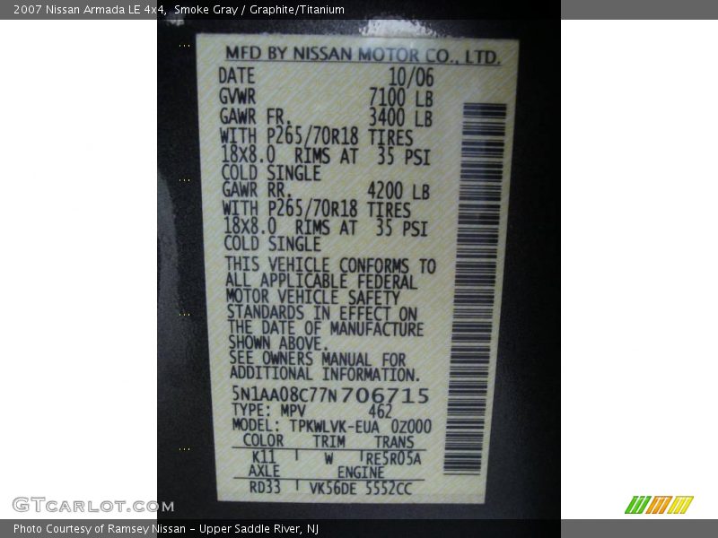 Smoke Gray / Graphite/Titanium 2007 Nissan Armada LE 4x4