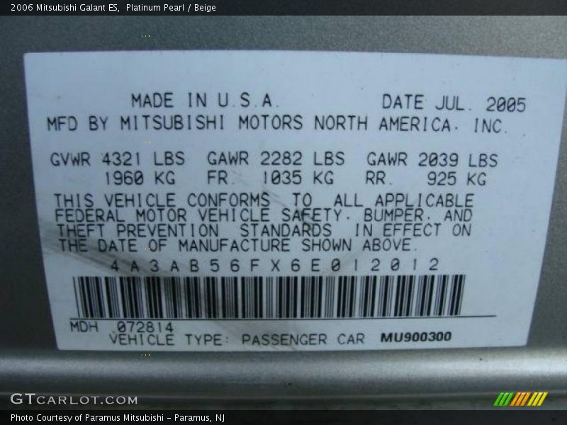 Platinum Pearl / Beige 2006 Mitsubishi Galant ES
