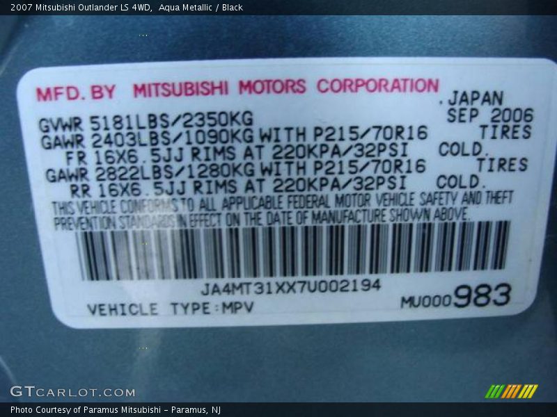 Aqua Metallic / Black 2007 Mitsubishi Outlander LS 4WD