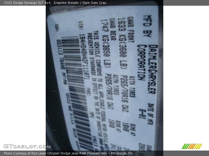 Graphite Metallic / Dark Slate Gray 2002 Dodge Durango SLT 4x4