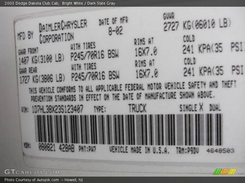 Bright White / Dark Slate Gray 2003 Dodge Dakota Club Cab