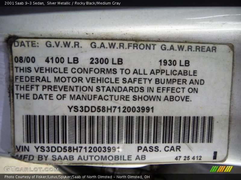 Silver Metallic / Rocky Black/Medium Gray 2001 Saab 9-3 Sedan