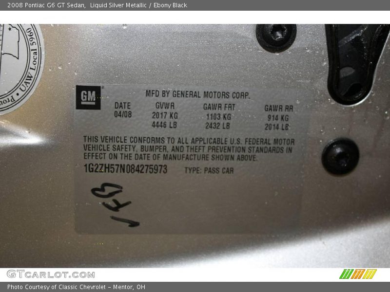 Liquid Silver Metallic / Ebony Black 2008 Pontiac G6 GT Sedan
