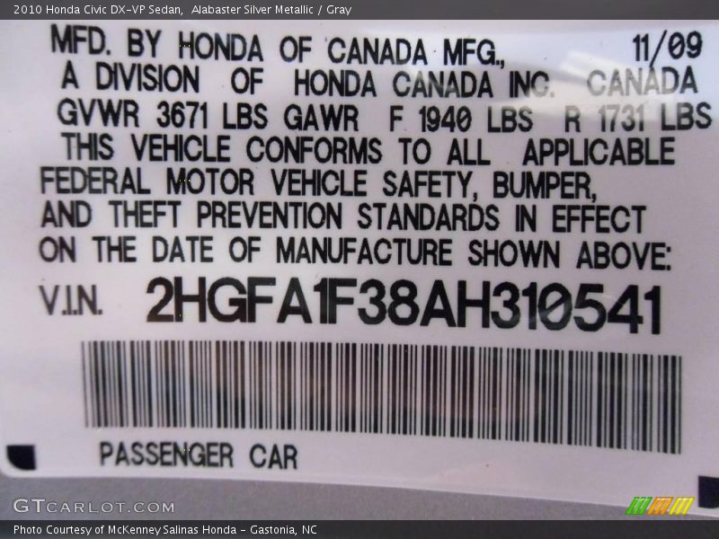 Alabaster Silver Metallic / Gray 2010 Honda Civic DX-VP Sedan
