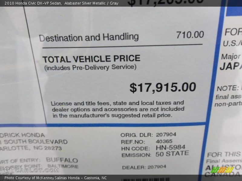 Alabaster Silver Metallic / Gray 2010 Honda Civic DX-VP Sedan