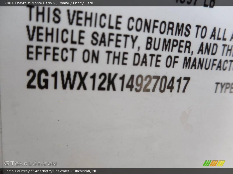 White / Ebony Black 2004 Chevrolet Monte Carlo SS