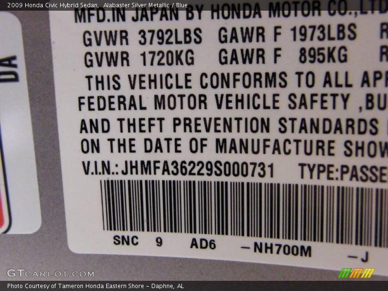 Alabaster Silver Metallic / Blue 2009 Honda Civic Hybrid Sedan