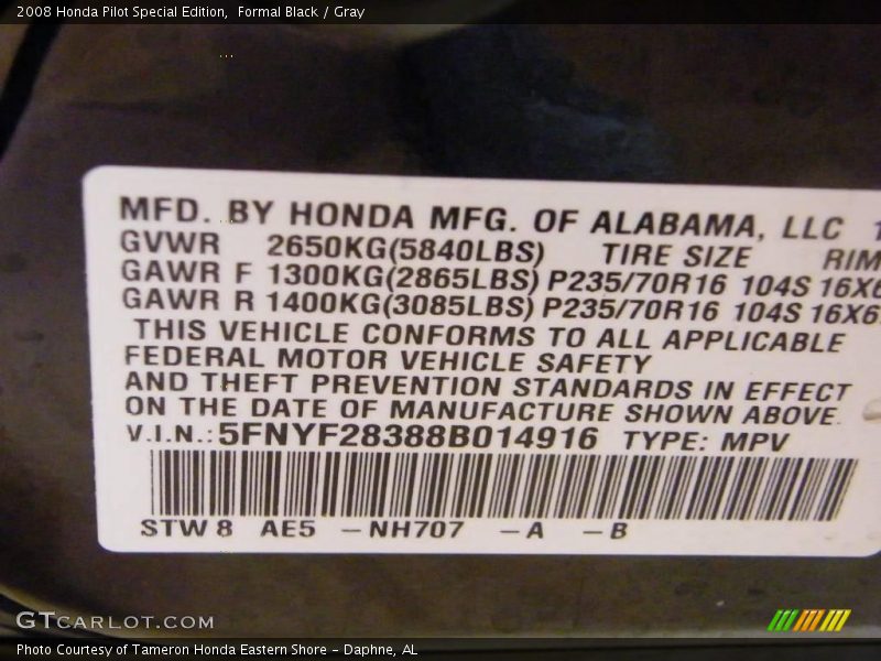 Formal Black / Gray 2008 Honda Pilot Special Edition