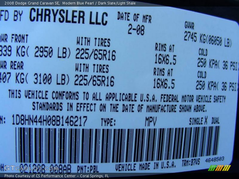 Modern Blue Pearl / Dark Slate/Light Shale 2008 Dodge Grand Caravan SE