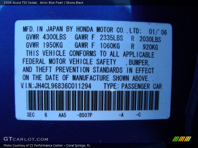 2006 TSX Sedan Arctic Blue Pearl Color Code B507P