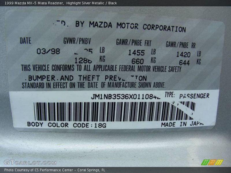 Highlight Silver Metallic / Black 1999 Mazda MX-5 Miata Roadster