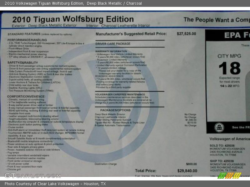 Deep Black Metallic / Charcoal 2010 Volkswagen Tiguan Wolfsburg Edition