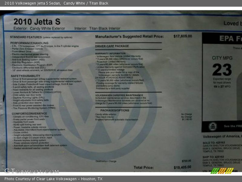 Candy White / Titan Black 2010 Volkswagen Jetta S Sedan