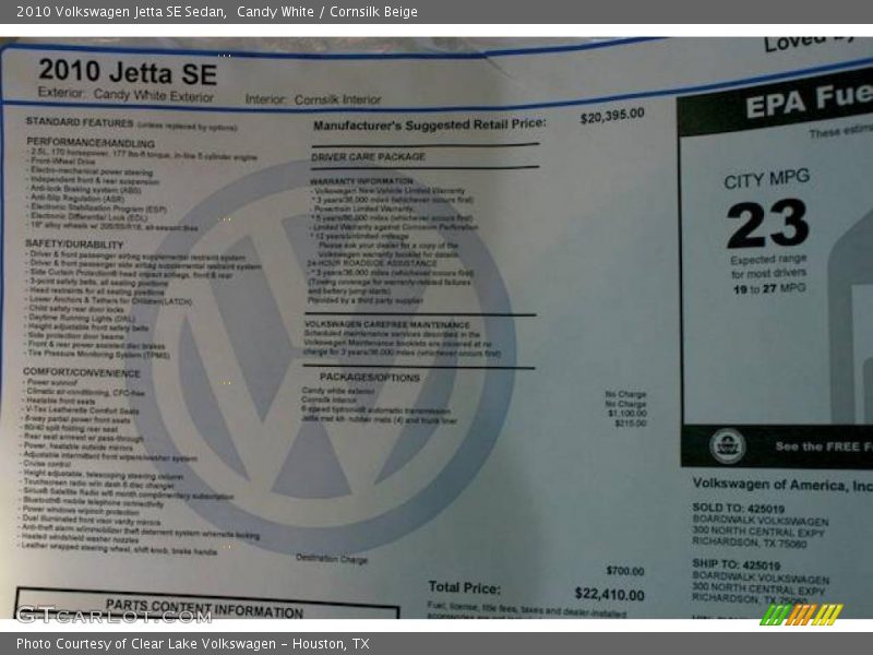 Candy White / Cornsilk Beige 2010 Volkswagen Jetta SE Sedan