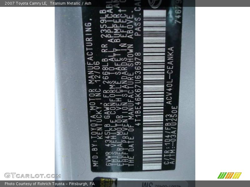 Titanium Metallic / Ash 2007 Toyota Camry LE