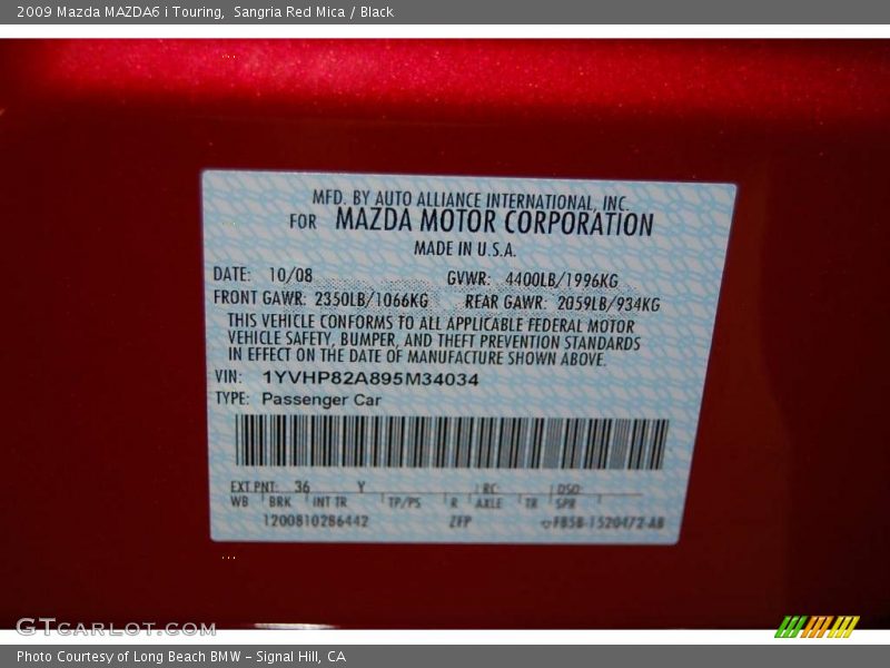 Sangria Red Mica / Black 2009 Mazda MAZDA6 i Touring