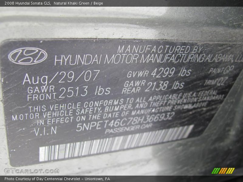 Natural Khaki Green / Beige 2008 Hyundai Sonata GLS