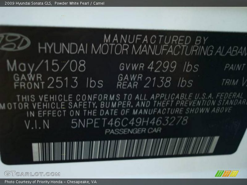 Powder White Pearl / Camel 2009 Hyundai Sonata GLS