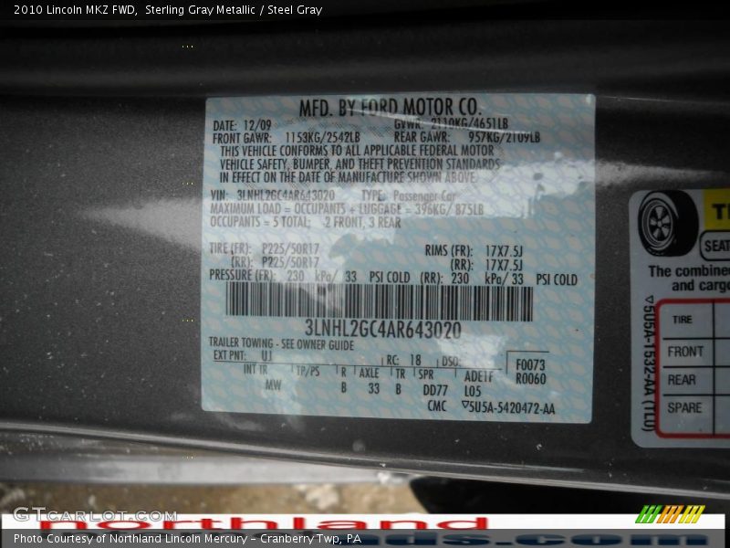 Sterling Gray Metallic / Steel Gray 2010 Lincoln MKZ FWD
