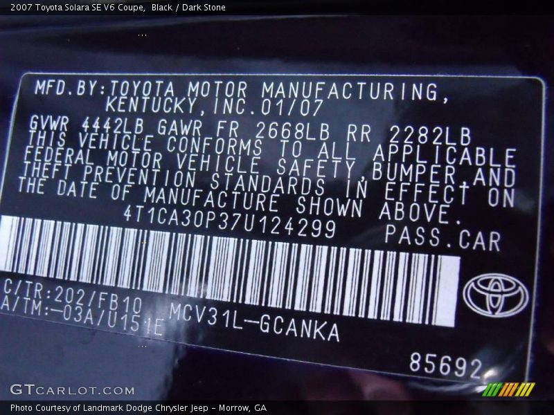 Black / Dark Stone 2007 Toyota Solara SE V6 Coupe